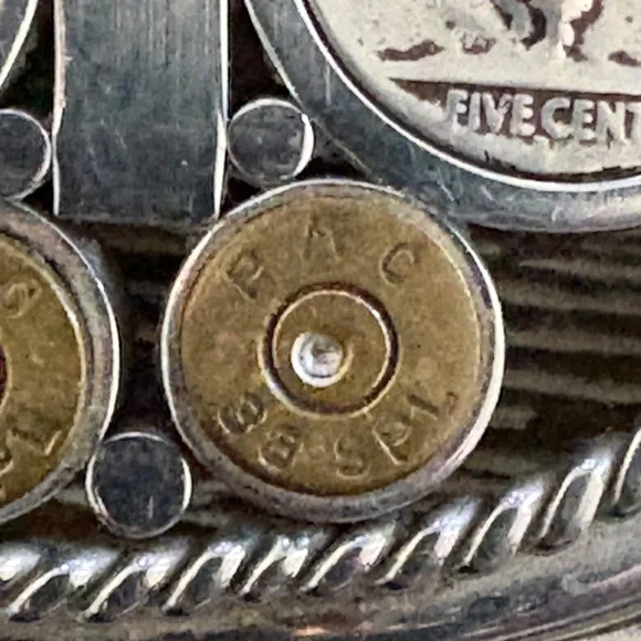Vintage custom belt buckle featuring Buffalo nickels and brass bullet casings - Picture 10 of 14